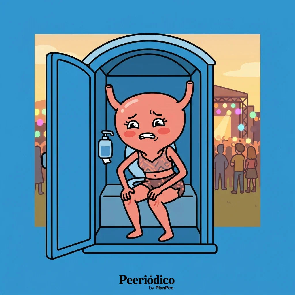 Mujer con dolor al hacer pis en cuclillas en baño portátil de festival