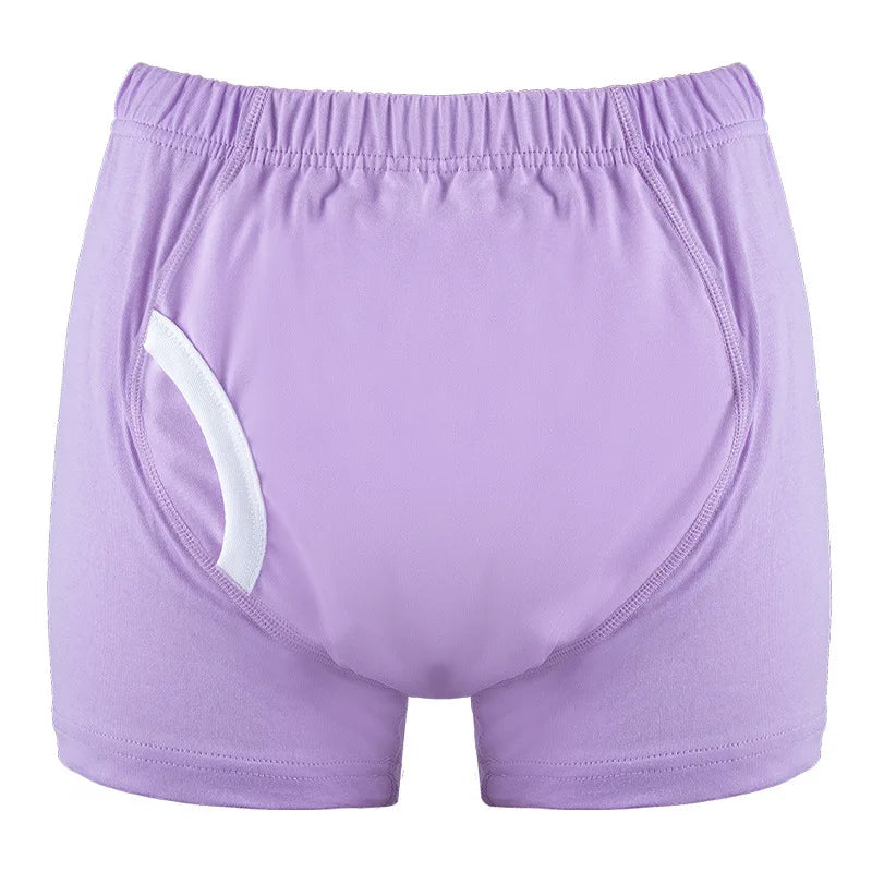 Pañal para adultos reutilizable de hombre color lila, con diseño tipo bóxer.
